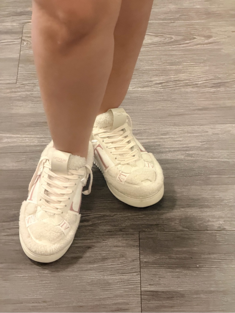 Valentino Ivory and Pink Shearling-Trim Sneakers - Picture 4 of 8